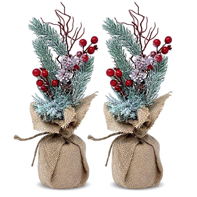 BANBERRY DESIGNS Tabletop Christmas Tree - Set of 2 Pine Trees with Red Berries and Burlap - 11-Inch Flocked Xmas Tree Decor