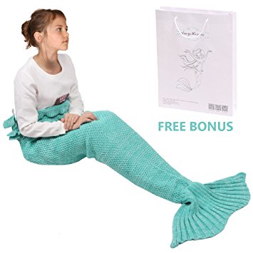 Mermaid Tail Blanket, Amyhomie Mermaid Crochet Blanket for Adult and Kids, All Season Sleeping Bag (Kids, Mint)