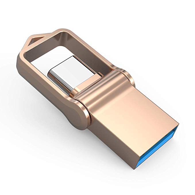 Type C Flash Drive 32GB, KALSAN 32GB 2 in 1 OTG Type C  USB 3.0 Dual Drive Waterproof Memory Stick with Keychain Metal-Gold Color