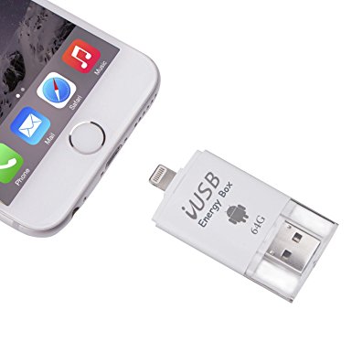 iPhone Flash Drive 64GB, Touch ID Encryption Memory Expand Adapter USB 3.0 & Micro USB & Lightning Connector 3-in-1 External Storage for iPad iPod MacBook Laptop IOS Divice White