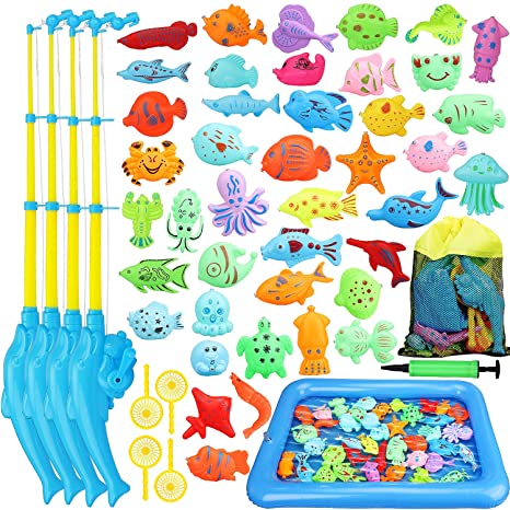 TOY Life Magnetic Fishing Game for Toddlers with 4 Toy Fishing Pole Floating Toy Fish, and Inflatable Play Area - Fishing Bath Toy Outdoor Fishing Toys - Bath Toy for 3 4 5 Boys Girls Toddlers