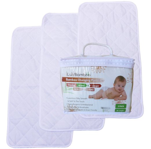 NEW BEST GRIP - Thicker, Wider and Longer 14" x 27" Bamboo Changing Pad Liners 3 Pack - Best for Machine Wash & Dryer. Waterproof & Absorbent - Antibacterial & Hypoallergenic Baby Gifts by iLuvBamboo
