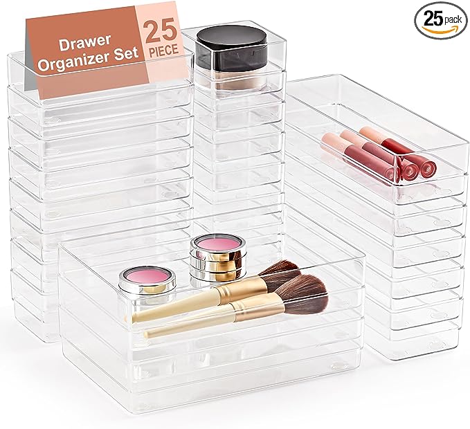 SMARTAKE 25-Piece Drawer Organizer with Non-Slip Silicone Pads, 4-Size Desk Drawer Organizer Trays Storage Tray for Makeup, Jewelries, Utensils in Bedroom Dresser, Office and Kitchen (Clear)