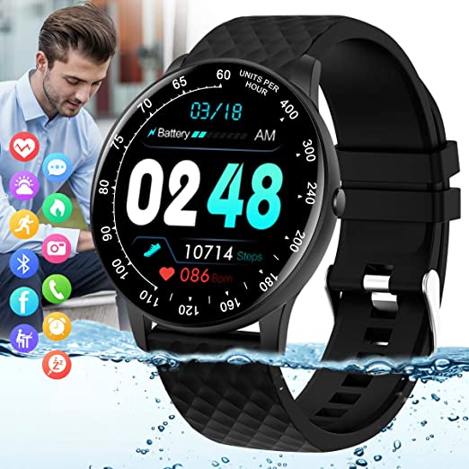 Pradory Smart Watch,Fitness Tracker Watch with Blood Pressure Heart Rate Monitor IP67 Waterproof Sports Activity Tracker Bluetooth Smartwatch Compatible Android iOS Phones for Men Women 2021 Black