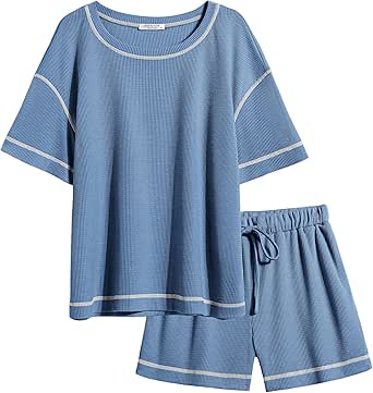 Ekouaer Women Pajama Sets Waffle Knit Lounge Set 2 Piece Outfits Loungewear Matching Set With Pockets