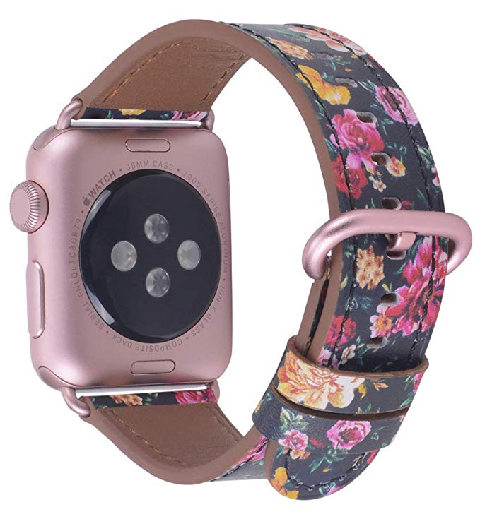 Compatible Iwatch Band 38mm 40mm - PEAK ZHANG Women Genuine Leather Replacement Strap with Rose Gold Adapter and Buckle Compatible Series 4 (40mm) Series 3 2 1 (38mm), Black/Pink Flowers Printed