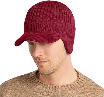B BINMEFVN Winter Hat with Visor & Knit Beanie Earflaps Brim Skull Cap for Men Outdoor Fleece Hat