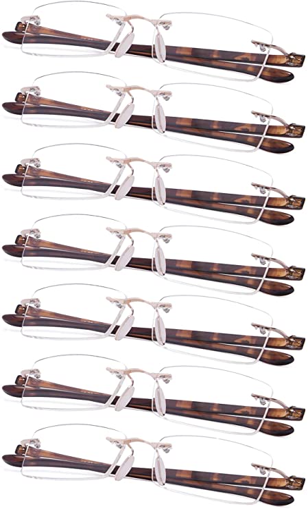 7-Pack Rimless Reading Glasses with Small Lenes (Tortoise Arm, 1.75)
