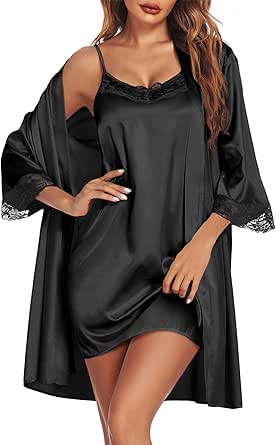 Ekouaer Sleepwear Women's Satin Nightgown with Robes Set 2 Piece Sexy Lace Cami Nightwear