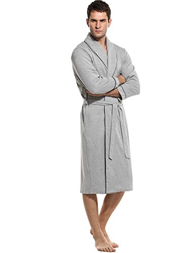 Ekouaer Robe Mens Sleeve Cotton Knit Lingerie Lounge Kimono Woven Bathrobe with Belt M-XXXL