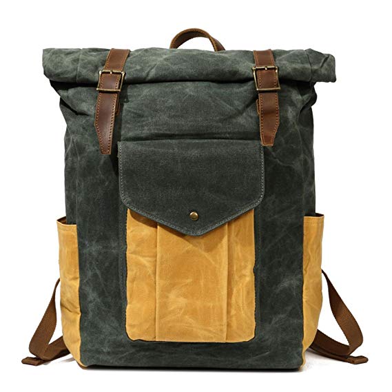 Partrisee Vintage Waxed Canvas Leather Backpack | Wax Canvas Rucksack | Canvas Roll Bag | Vintage Leather Rucksack | Roll Top Bag | Laptop Bag | Travel Bag | for Men and Women