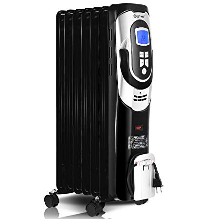 COSTWAY 1500W Space Heater, Portable Oil Filled Radiator Heater with Adjustable Thermostat, Overheat & Tip-Over Protection, Electric Ceramic Heaters with Digital Controls for Indoor use (Black)