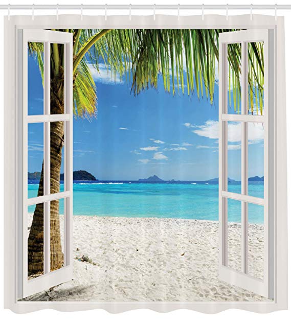 Ambesonne Turquoise Shower Curtain, Tropical Palm Trees on Island Ocean Beach Through White Wooden Windows, Cloth Fabric Bathroom Decor Set with Hooks, 84 Inches Extra Long, White Blue