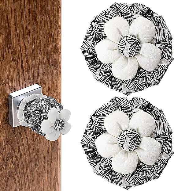 Sliverdew 2 Pcs Door Knob Covers Black Floral Door Knob Protector Soft Round Knob Covers for Door Reusable Door Handle Cover with Sponge Washable Decorative Door Handle Cushion