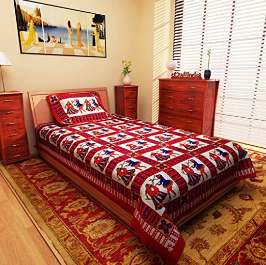RajasthaniKart Pure Cotton 144 TC Single Size Bed Sheet with 1 Pillow Cover - Bedsheet for Single Bed (Red, Single Bedsheets Cotton,139)