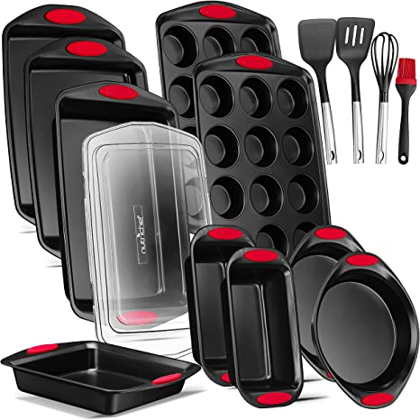 15-Piece Baking Pan Set - PFOA, PFOS, PTFE Free Flexible Nonstick Black Coating Carbon Steel Bakeware - Professional Home Kitchen Bake Cookie Sheet Stackable Tray w/ Red Silicone Handles