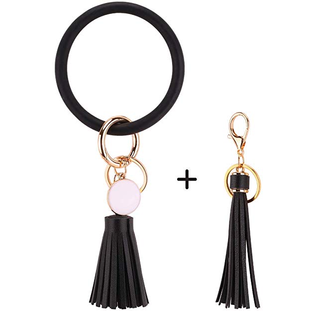 Key Ring Bracelet Keychain Wristlet Keychain Silicone Bangle Key Ring with Leather Tassel for Women Girl