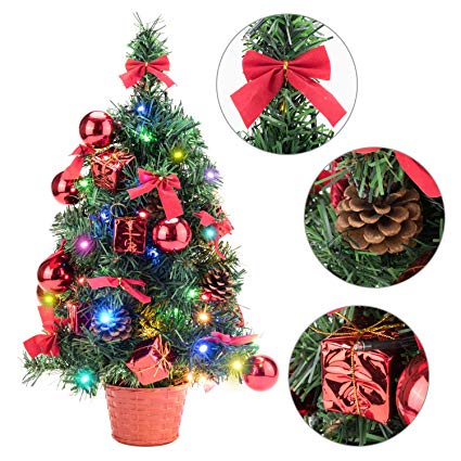 EFORINK Mini Christmas Tree 22 inch Tabletop Prelit Christmas Tree with Multicolored LED Lights, Pinecone, Gift Box, Bowknot and Christmas Ball Ornaments for Home and Office Decoration, 55cm, Red