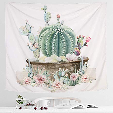 IcosaMro Cactus Tapestry Wall Hanging, White Simple Floral Nature Art Wall Tapestries [Double-folded Hems]- Cacti Wall Blanket for Bedroom, Dorm, Door,Room (51x60")