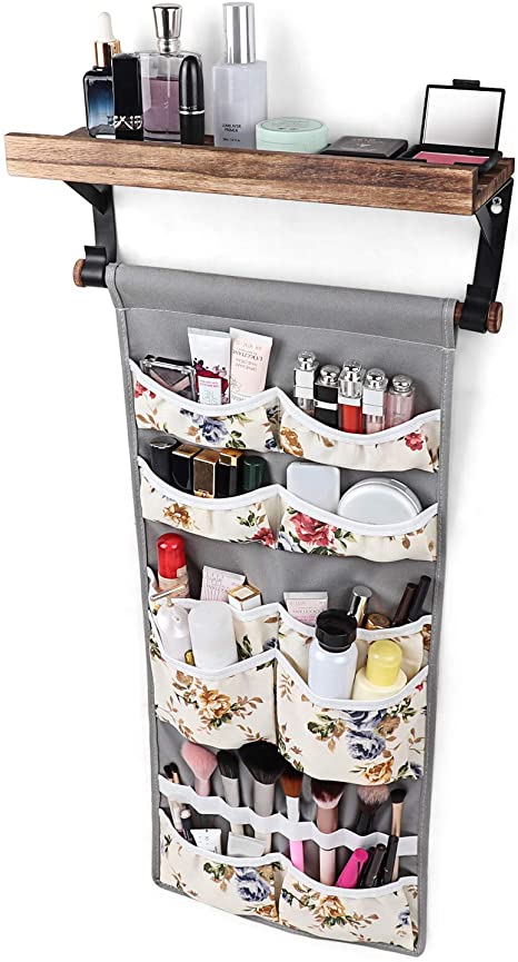 Keebofly Makeup Organizer Multifunctional Wall Cosmetic Storage Organizer with Large Capacity - 14.4x5 inch Shelf & 10 Elasticity Compartment for Vary Size of Cosmetics at Vanity Bathroom