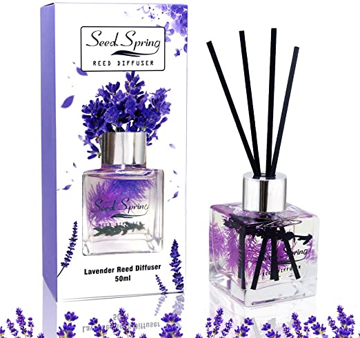 Seed Spring Reed Diffuser Lavender with Strong Fragrance, Scented Reed Diffuser Gift Set with Preserved Lavender Petal for Bedroom Bathroom and Office, Natural Long Lasting Aroma, 50ml