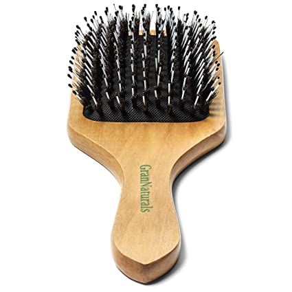 GranNaturals Boar   Nylon Bristle Paddle Hair Brush - Large Natural Flat Square Wooden Hairbrush for Thick, Wavy, Straight, Long or Short Hair - Women and Men