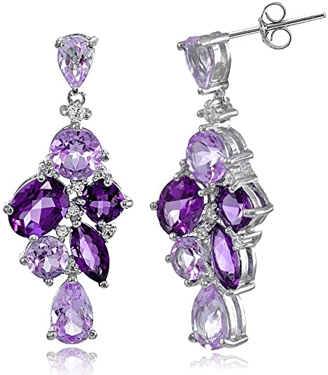 Sterling Silver African Amethyst and White Topaz Cluster Tonal Dangle Earrings
