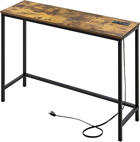 Lifewit 39.4” Console Entryway Table with 2 Power Outlets and 2 USB Ports,Industrial Narrow Sofa Table for Hallway, Living Room,Bedroom,Kitchen, Metal Frame, Rustic Brown, Easy Assembly