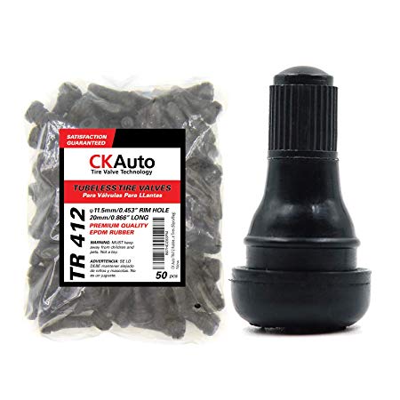 CK Auto TR412 Rubber Snap-in Short Black Tire Valve Stem for Tubeless 0.453 Inch 11.5mm Rim Holes on Standard Vehicle Tires (50pcs/Bag)
