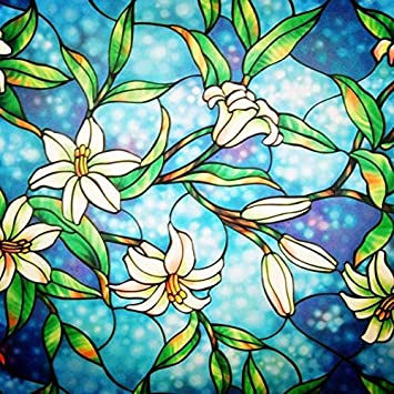 Stained Glass Window Film Non-Adhesive Magnolia Decorative Window Privacy Film for Bathroom & UV Protection, Glue-Free (35.5 x 78.7 inches)