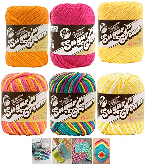 Variety Assortment Lily Sugar'n Cream Yarn 100 Percent Cotton Solids and Ombres (6-Pack) Medium Number 4 Worsted Bundle with 4 Patterns (Asst 35)