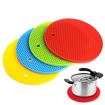 Zelta Pot Holder Place Mat Hot Pad Honeycomb Round Food Safe Silicone Multicolor 7.2", Set of 4