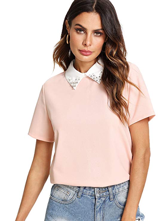 Romwe Women's Cute Contrast Collar Short Sleeve Casual Work Blouse Tops