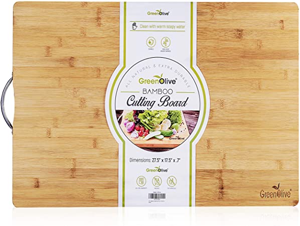 GreenOlive Extra Large Bamboo Cutting Board for Kitchen 27.5”x17.5”- Butcher Block - Wood Cutting Board with Handle for Cheese, Meat - Extra Large Charcuterie Chopping Board, Durable & Water Resistant