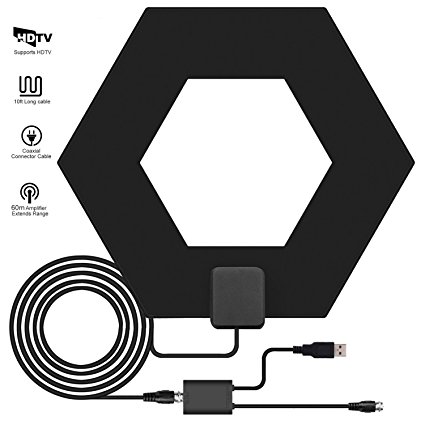 TV Antenna, PECHAM HDTV Antenna for Digital TV Indoor 60 Mile Range with Amplifier and 10 Feet High Performance Coaxial Cable(Black)