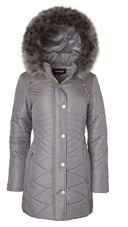 Sportoli Women's Longer Length Plush Lined Puffer Coat and Zip-Off Detacheable Fur Trim Hood