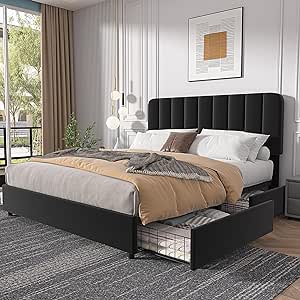 VECELO Queen Size Upholstered Bed Frame with 4 Drawers and Adjustable Headboard, Velvet Platform Storage Bedframe Mattress Foundation, Wooden Slats Support, No Box Spring Needed, Black