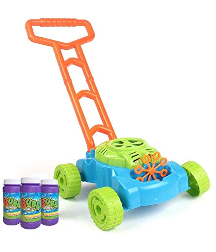 MeeYum Kids Outdoor Activity Bubble Machine Lawn Mower Bubble Blower with Handle Trolley (Includes 3 Bottles of Bubble Solution)