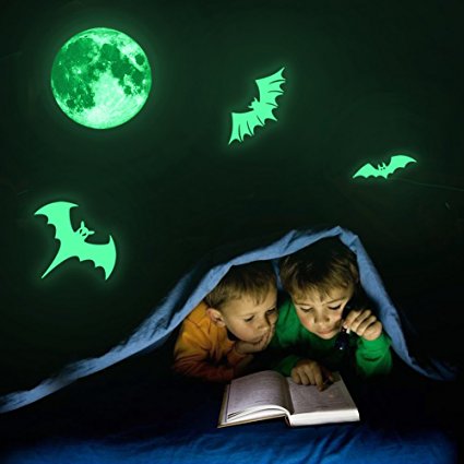 Marsway Spooky 30cm Moon with 3Pcs Bats Fluorescent Luminous Sticker Night Glow Decal for Home Window Wall Halloween Party