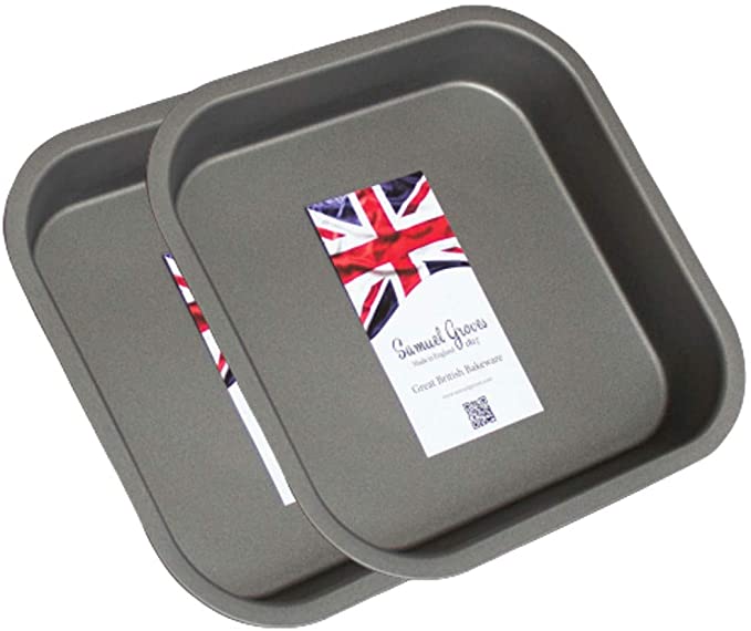 2X 8" (20cm) Non Stick Square Sandwich Birthday Brownie Cake Tin, Made in England