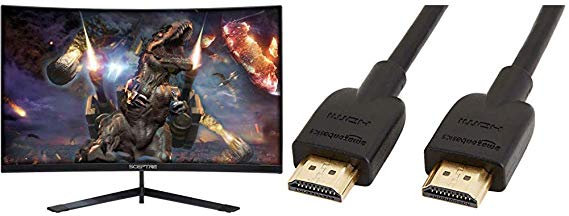 Sceptre 27" Curved 144Hz Gaming LED Monitor Edge-Less AMD FreeSync DisplayPort HDMI, Metal Black 2019 (C275B-144RN) & AmazonBasics High-Speed 4K HDMI Cable, 6 Feet, 1-Pack