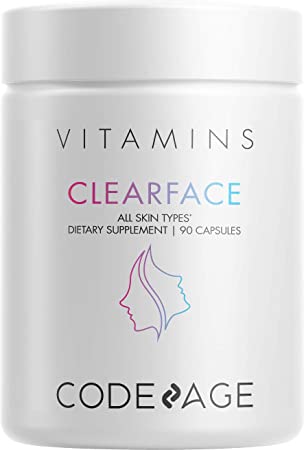 Clearface Pantothenic Acid, Niacin Supplement, Vitamins A, C, D3, E, FloraFIT Probiotics, Zinc, Riboflavin, Thiamin, L-Lysine HCL & Omega-3, Niacinamide, Skin Botanical Blend - Non-GMO - 90 Capsules