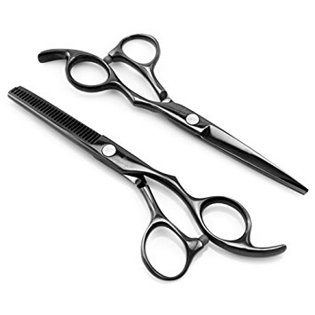 Passion Stainless Steel Professional Hair Cutting Scissors Precision 2-piece Barber Shears Thinning Set 6.0inch Black