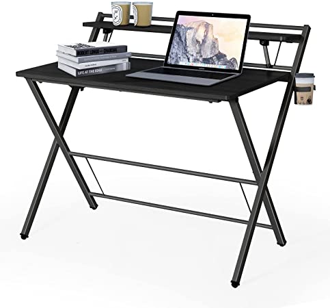 lazzo Folding Computer Desk for Small Space, 40" Home Office Writing Desk, 2-Tier Foldable Compact Table with Shelf for Teens Student, Space Saving PC Laptop Workstation with Metal Frame, Cup Holder