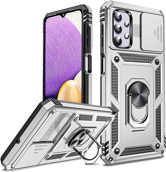 LeYi for A32-Case, Samsung A32 Case with Slide Camera Cover, Military-Grade Heavy Duty Shockproof Hard Case with Rotatable Ring Stand for Samsung A32 5G, Silver