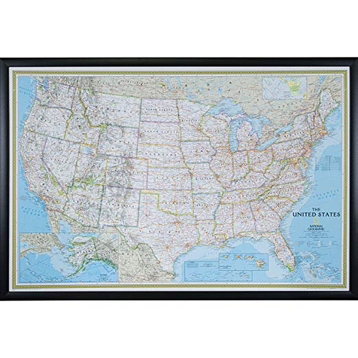 Craig Frames Wayfarer, Classic United States Push Pin Travel Map, Gallery Black frame and Pins, 24 by 36-Inch