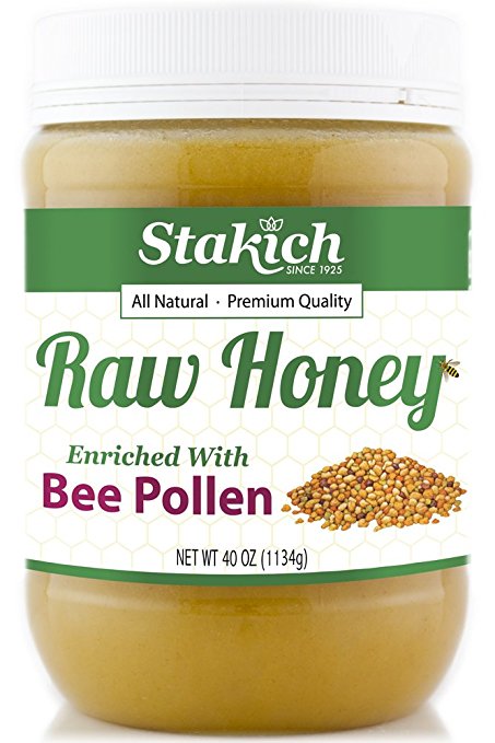 Stakich BEE POLLEN Enriched RAW HONEY 40-OZ - 100% Pure, Unprocessed, Unheated -