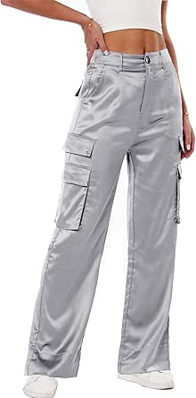 Women's Satin Cargo Wide Leg Pants Silky Party Dressy Casual Pocketed Pant Long Trouser