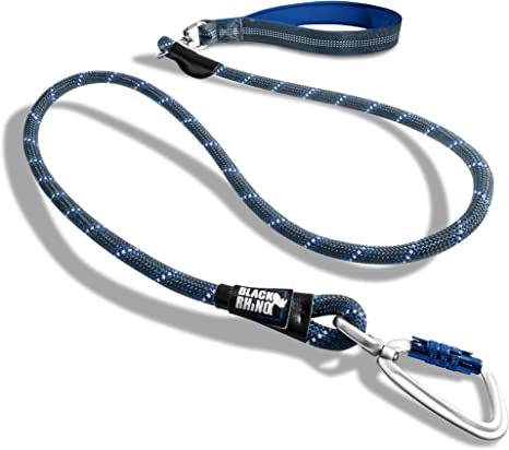 Black Rhino – Heavy Duty Dog Rope Leash with Ultra-Soft Neoprene Padded Handle | Aircraft Aluminum Carabiner | Reflective Weatherproof Dog Leash for Small Medium Large Dogs (5 Feet, Blue/Gr)