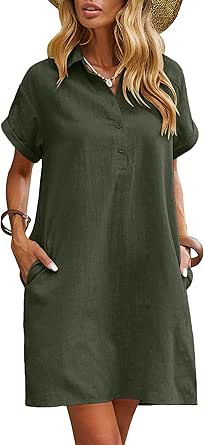 Zeagoo Womens Cotton Shirt Dress Summer Casual Short Sleeve Button Down Beach Cover Up Shirts with Pockets